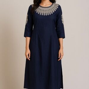 Navy Silk Kurta with Silver Zari & Bead Embroidery – Size Small